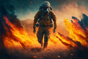 Firefighter Running Through A Flaming Field Generative AI