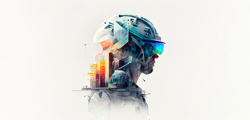 Future of buildings construction engineering the devotion project with double exposure to civil engineering design. Future modern construction projects. Generative AI.