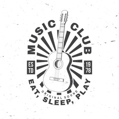 Music club logo, badge, label. Retro poster, banner with classical acoustic guitar with sunburst vintage typography design for t shirt, emblem, logo, badge design. Vector illustration. Equipment for