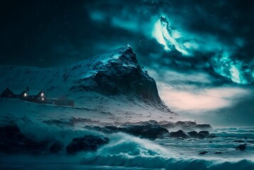 Storm on the ocean, northen light. Beautiful landscape of Islandia, Norway