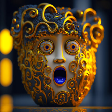 Artistic Emoji. Gold Face. Eyes Expresion. 3D Render. AI. 