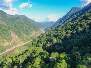 Tarapoto in the amazon region of Peru showing rainforest and waterway Aerial Panorama 