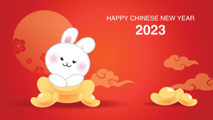 Happy chinese new year 2023 greeting card background with cute rabbit on golden sycees ingots. Spring festival or lunar new year celebration. Zodiac year of the rabbit.
