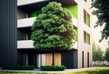 modern apartment complex with green tree created with Generative AI technology