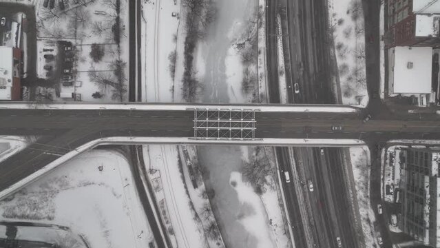 Aerial cinematic downtown Toronto Corktown snow storm 6