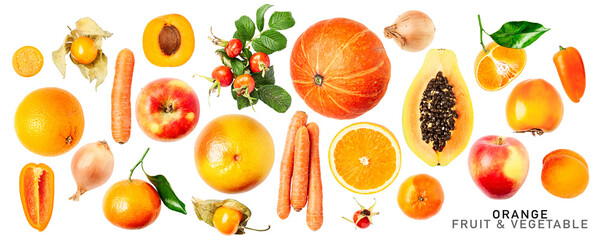 Fresh orange fruits and vegetables. PNG with transparent background. Flat lay. Without shadow.