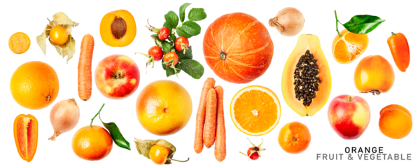 Fresh orange fruits and vegetables. PNG with transparent background. Flat lay. Without shadow.