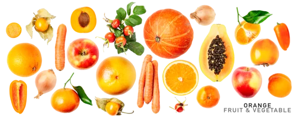 Foto auf Acrylglas Frisches Gemüse Fresh orange fruits and vegetables. PNG with transparent background. Flat lay. Without shadow.