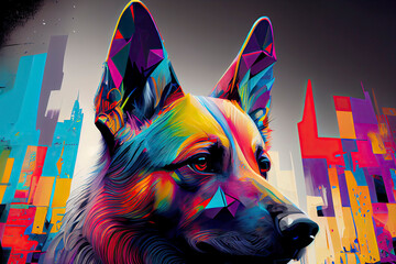 colorful Cute wild animals head dog on geometric pop art style