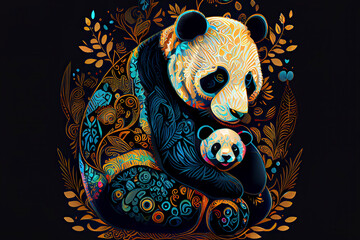 panda with her cute baby realistic ethnic ornamental ornaments painting
