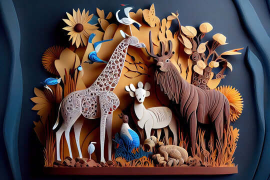 Paper art style of cute cartoon wild animals in forest