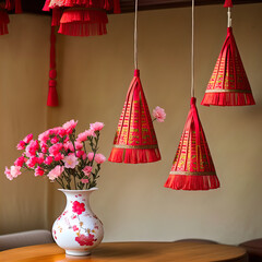 A beautiful Asian interior with vase and flowers. 