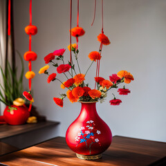 A beautiful Asian interior with vase and flowers. 