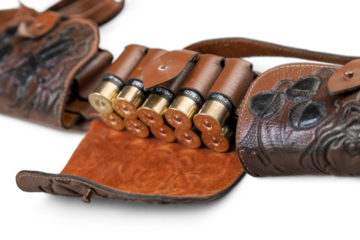 Old hunting cartridges and bandoleer on a wooden table