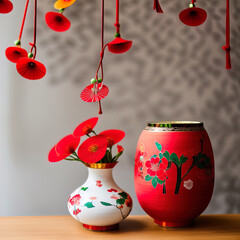 A beautiful Asian interior with vase and flowers. 