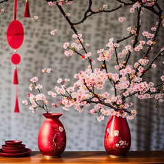 A beautiful Asian interior with vase and flowers. 