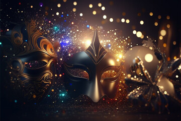 Fondo Máscara de Carnaval Fantasia Dorada  - Gold color Mask Carnival Fantasy Background - Generative AI - obrazy, fototapety, plakaty