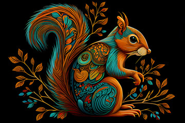 Colorful squirrel zentangle arts isolated on black background