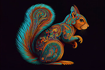 Colorful squirrel zentangle arts isolated on black background