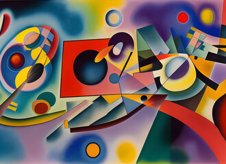Dynamic bold modern abstract artwork with geometric complementary colorful shapes in motion. generative ai
