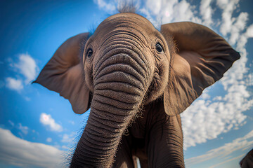 Naklejka na ściany i meble Close-up of a cute baby elephant interacting with a camera, Generative AI