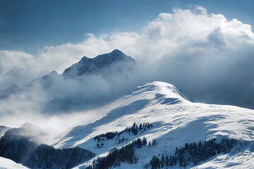 Winter mountains covered with clouds. AI	