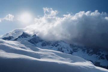 Fototapeta na wymiar Winter mountains covered with clouds. AI 
