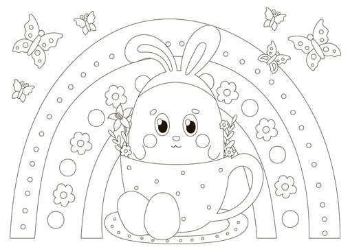 Cute coloring page for easter with bunny character in cup with flowers and scandinavian style rainbow