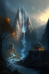 Fantasy castle and waterfall in the mountains. Ancient fairy tale elves city. AI