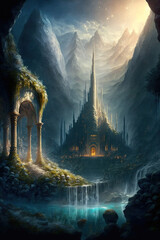 Fantasy castle and waterfall in the mountains. Ancient fairy tale elves city. AI