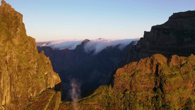Great aerial footage in 4K on a beautiful spring morning in the mountains of Madeira on Pico Arieiro.