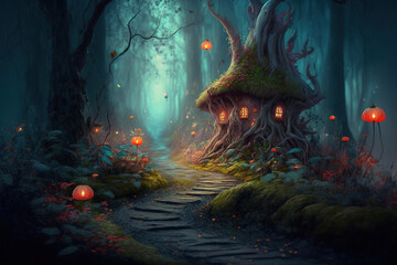 Fantasy fairy forest. House in a tree. AI	