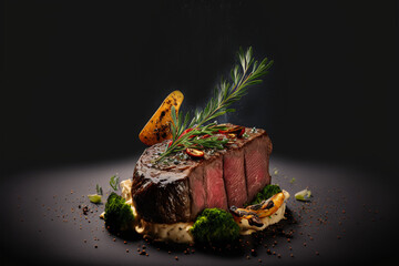 Fototapeta na wymiar Yummy beef grill steak on a table in a dark black background with fire and smoke, food photograph, food styling