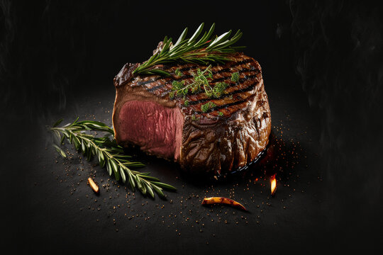 Yummy beef grill steak on a table in a dark black background with fire and smoke, food photograph, food styling