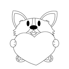 Cute dog Corgi with Heart. Draw illustration in black and white