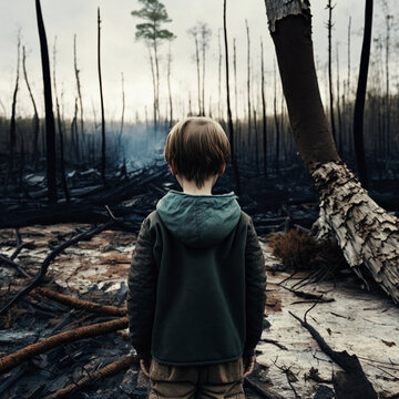 A child is watching a destroyed forest illustrating climate change created with Generative AI