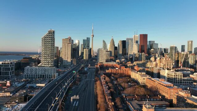 Aerial cinematic downtown Toronto distillery district sunrise 1
