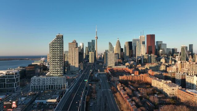 Aerial cinematic downtown Toronto distillery district sunrise 2