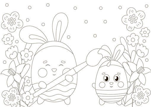Cute coloring page for easter holidays with bunny character painting egg character