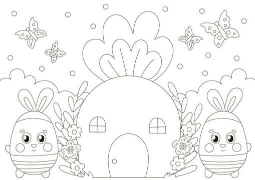 Cute coloring page for easter holidays with bunny characters near carrot house in scandinavian style, printable game