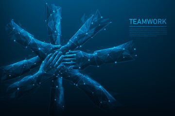 holding hand teamwork technology on blue dark background. people friendship support to success. consist of lines, dots and triangle. vector illustration in fantastic digital design. - obrazy, fototapety, plakaty