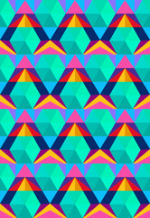 Vector seamless pattern colorful geometric triangle background, 70s hippies style, polygon mosaic green and blue color