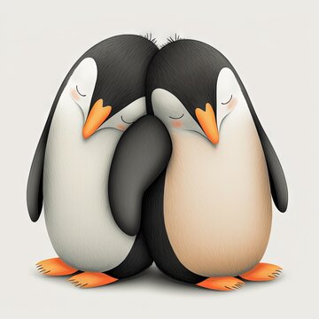 2 pingouins dormant les uns contre les autres, image de dessin anim&eacute;, tr&egrave;s mignon, &eacute;motion, fond uni