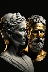 Obraz premium Sculpture de personnes stoïciennes, homme, femme, or et marbre, romance et amour. Idéal pour la Saint-Valentin, le papier peint, l'arrière-plan