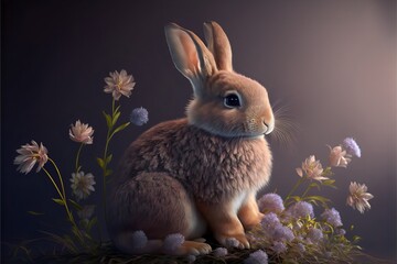 Cute realistic easter bunny on flowers background.Easter spring background.AI generated.
