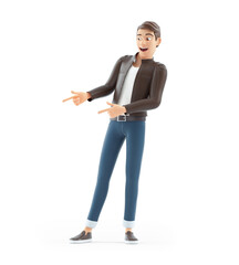 3d cartoon man pointing with two fingers aside