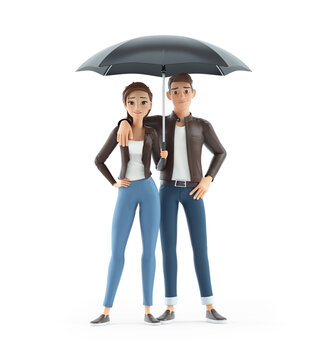 3d cartoon man and woman under umbrella