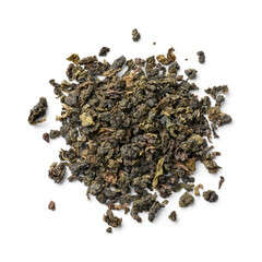 Heap of Chinese Ti Kuan Yin dried tea leaves close up isolated  on white background