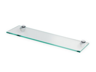 Glass shelf with chrome holders isolated on white wall. Bottom view.