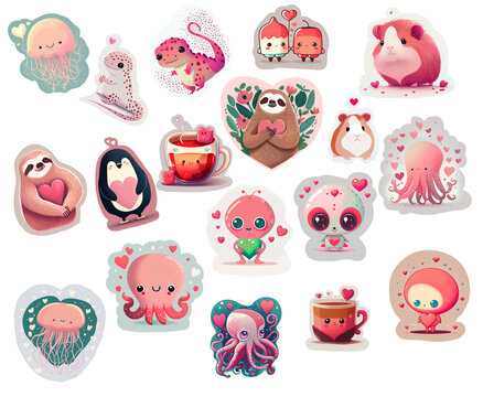Set of adorable Valentines Day cute sticker critters PNG created with generative AI technology